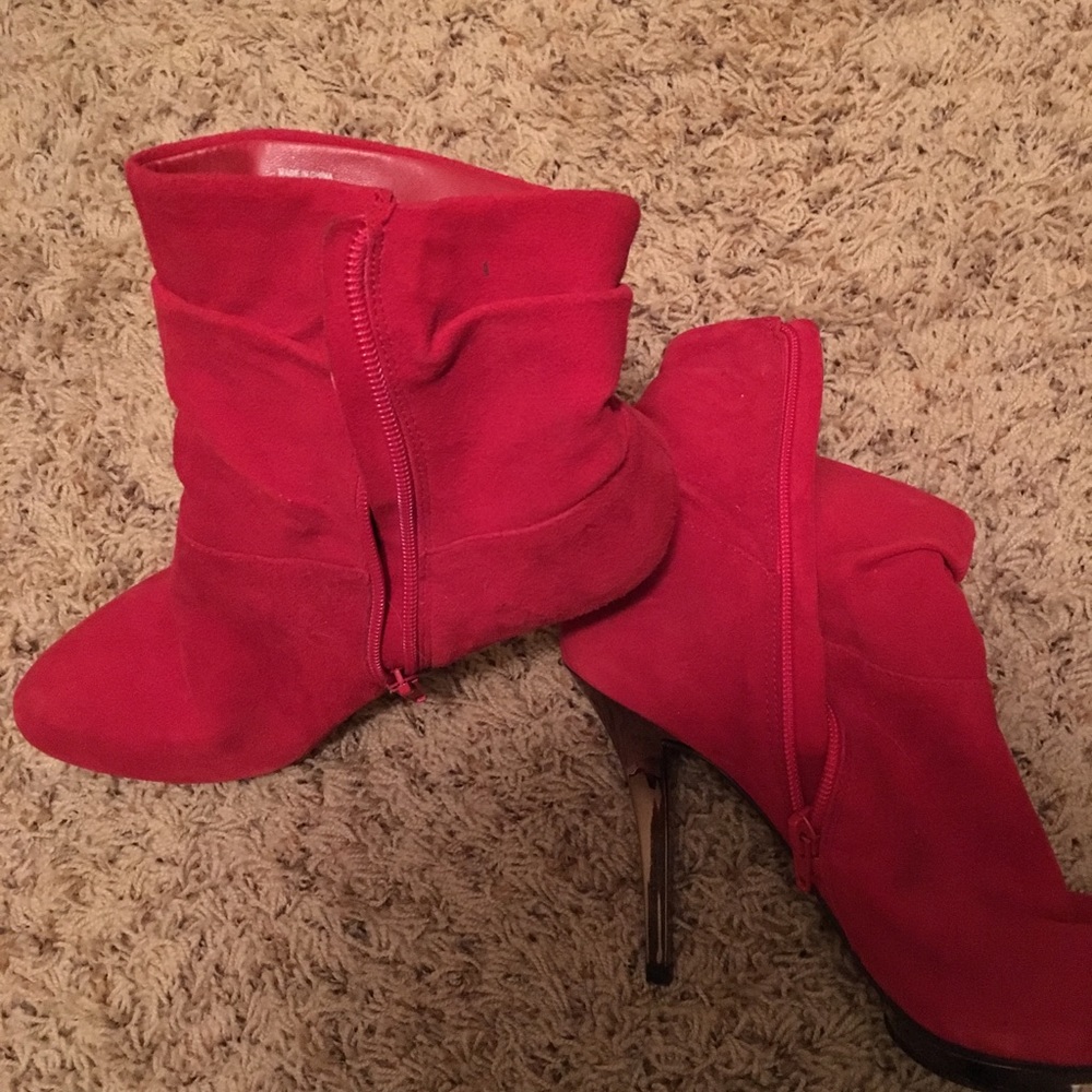 Red velvet high heel boots